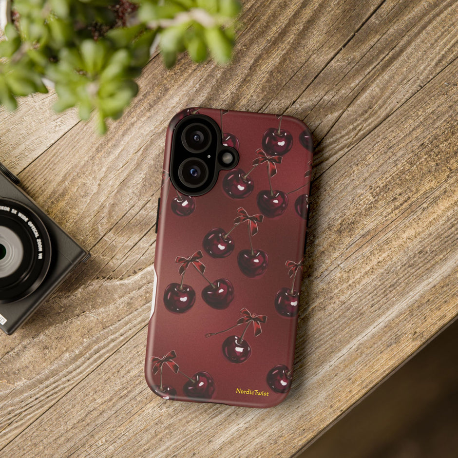 Cherry Pattern Tough Phone Case — Retro Dark Red Cherry iPhone Cover