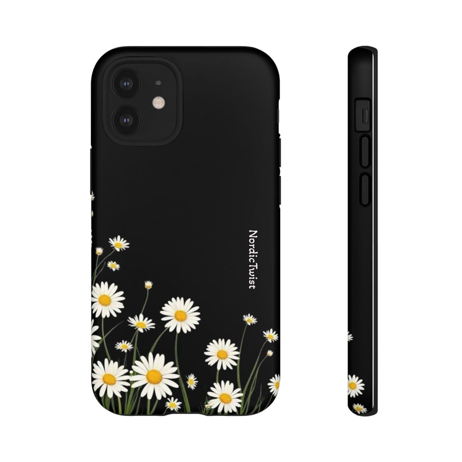 Daisy Floral Tough Phone Case – Protective Black Phone Cover with White Daisies