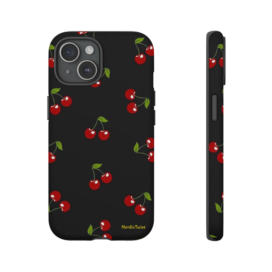 Cherry Pattern Tough Phone Case — Black Retro Cherry iPhone Cover