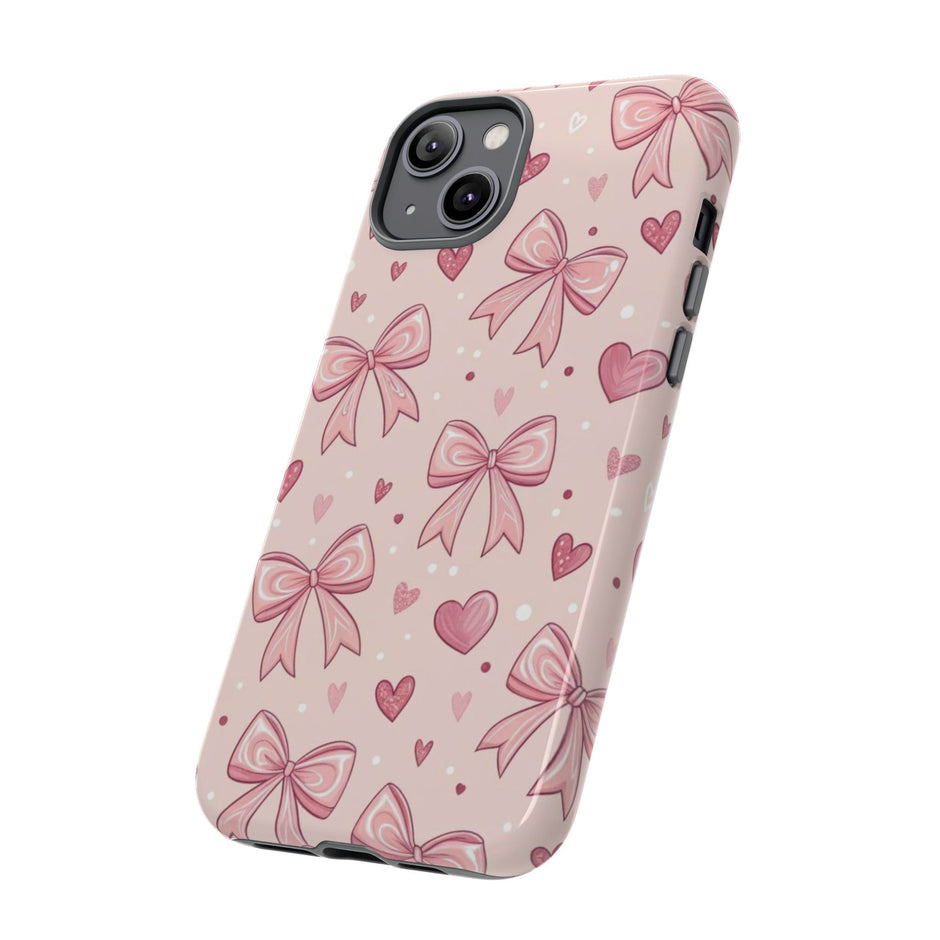 Pink Bow & Hearts Tough Phone Case — Cute Floral Ribbon iPhone Cover