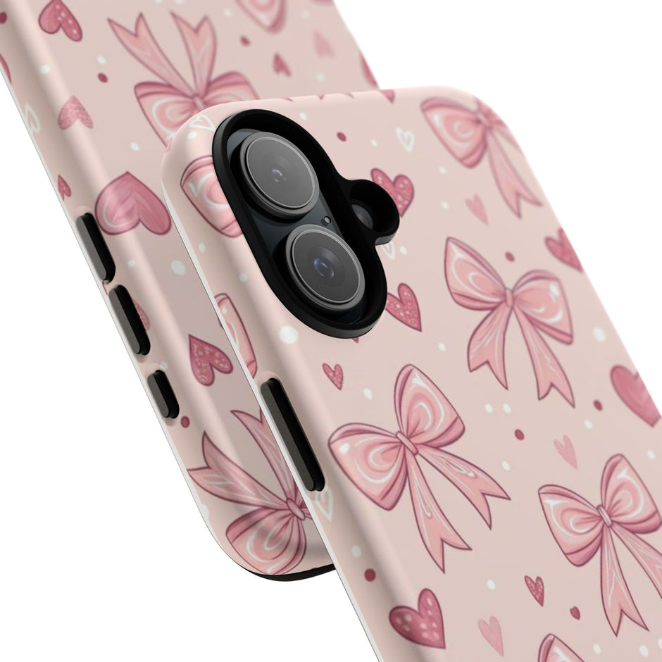 Pink Bow & Hearts Tough Phone Case — Cute Floral Ribbon iPhone Cover