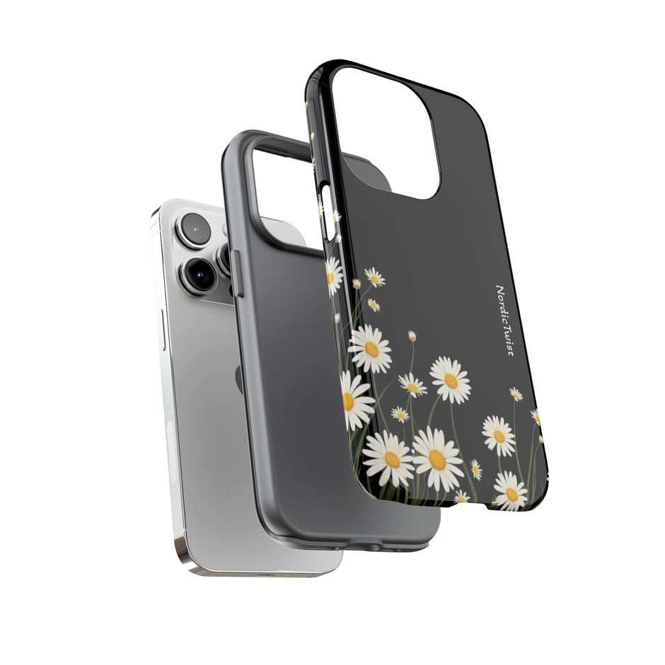 Daisy Floral Tough Phone Case – Protective Black Phone Cover with White Daisies
