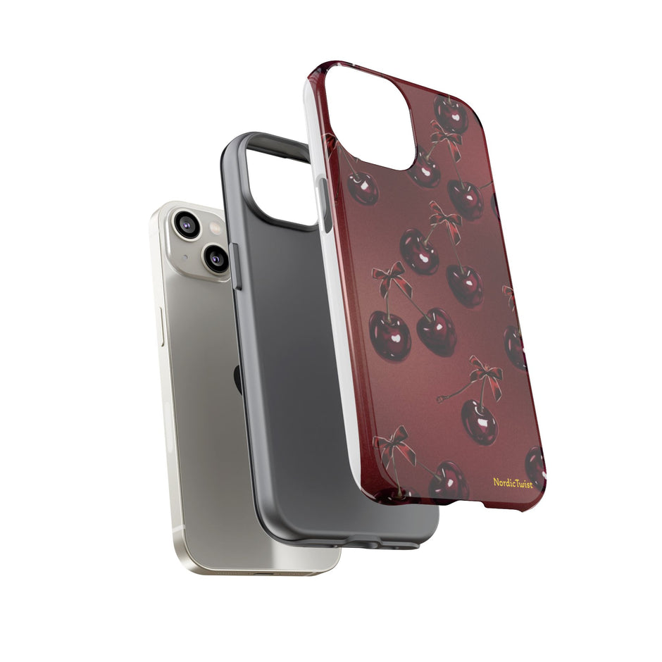 Cherry Pattern Tough Phone Case — Retro Dark Red Cherry iPhone Cover