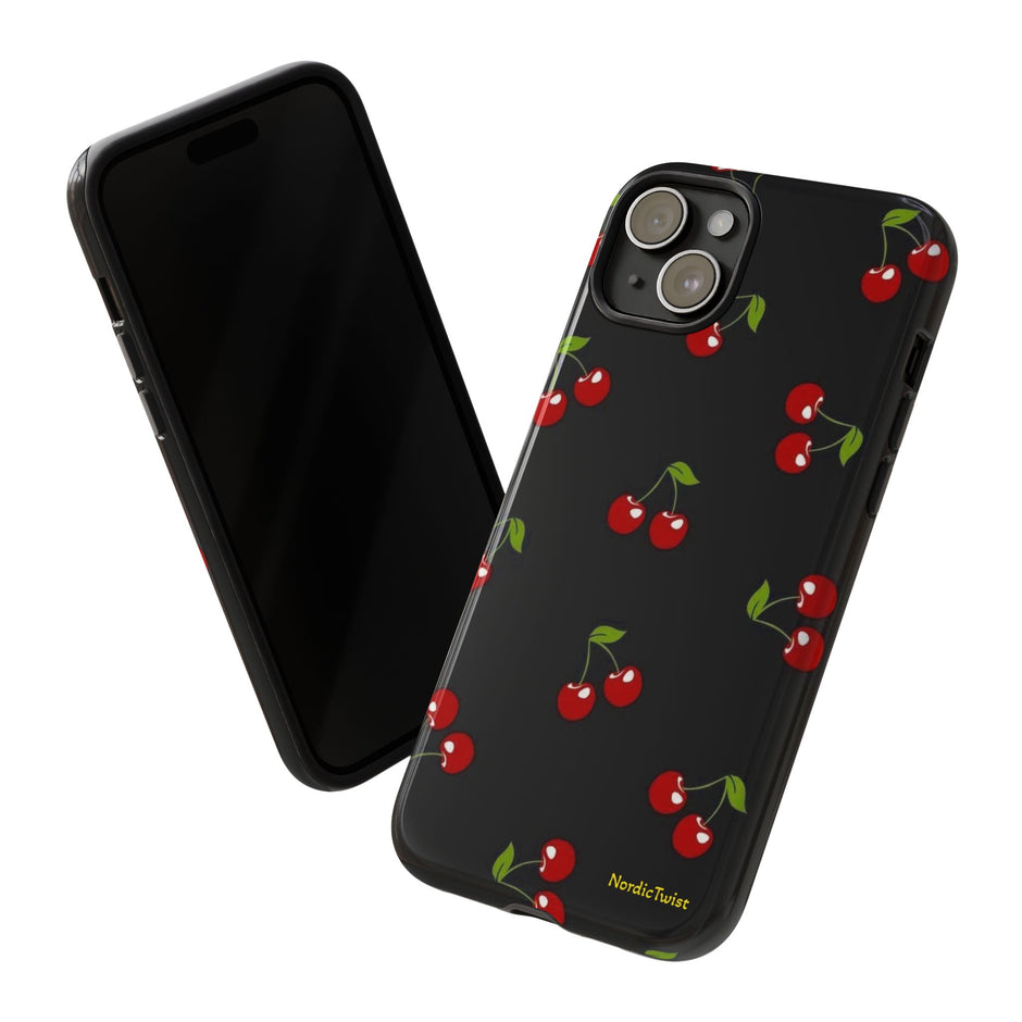 Cherry Pattern Tough Phone Case — Black Retro Cherry iPhone Cover