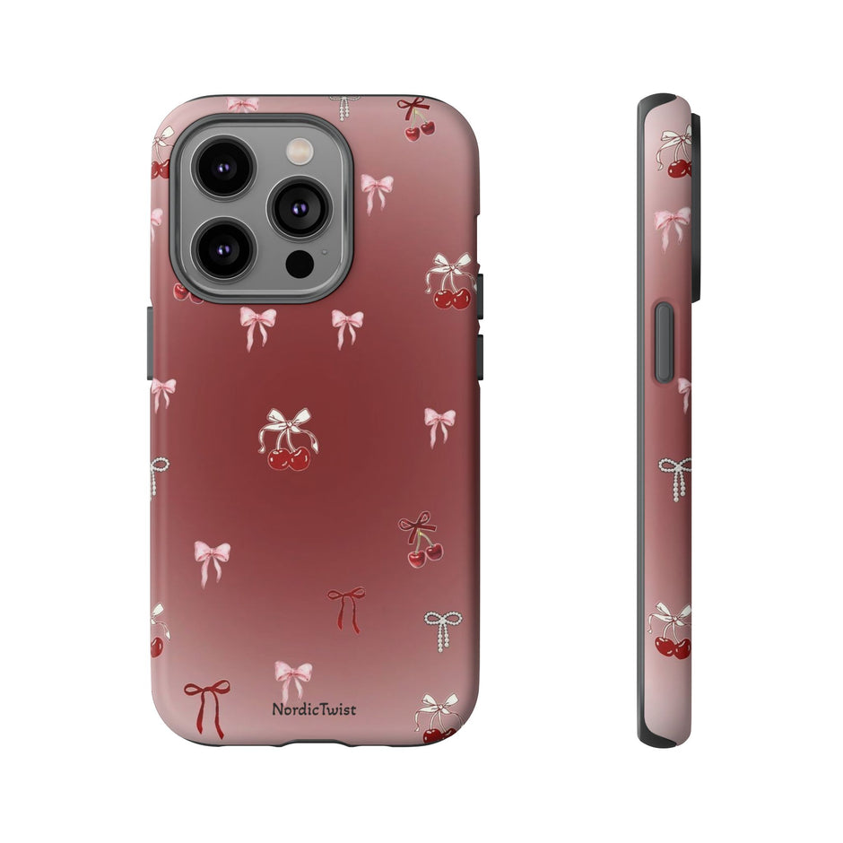 Cherry Bow Phone Case — Cute Red Gradient Protective Cover