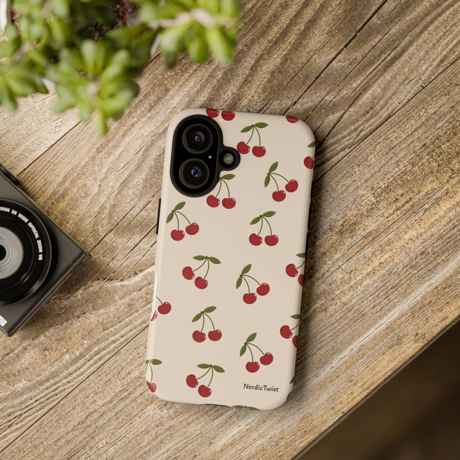 Cherry Pattern Tough Phone Case — Retro Red Cherries on Cream