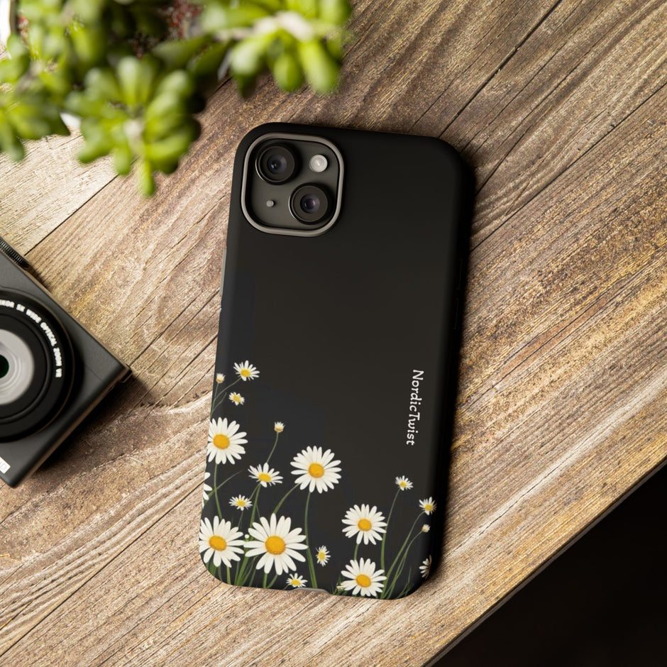 Daisy Floral Tough Phone Case – Protective Black Phone Cover with White Daisies