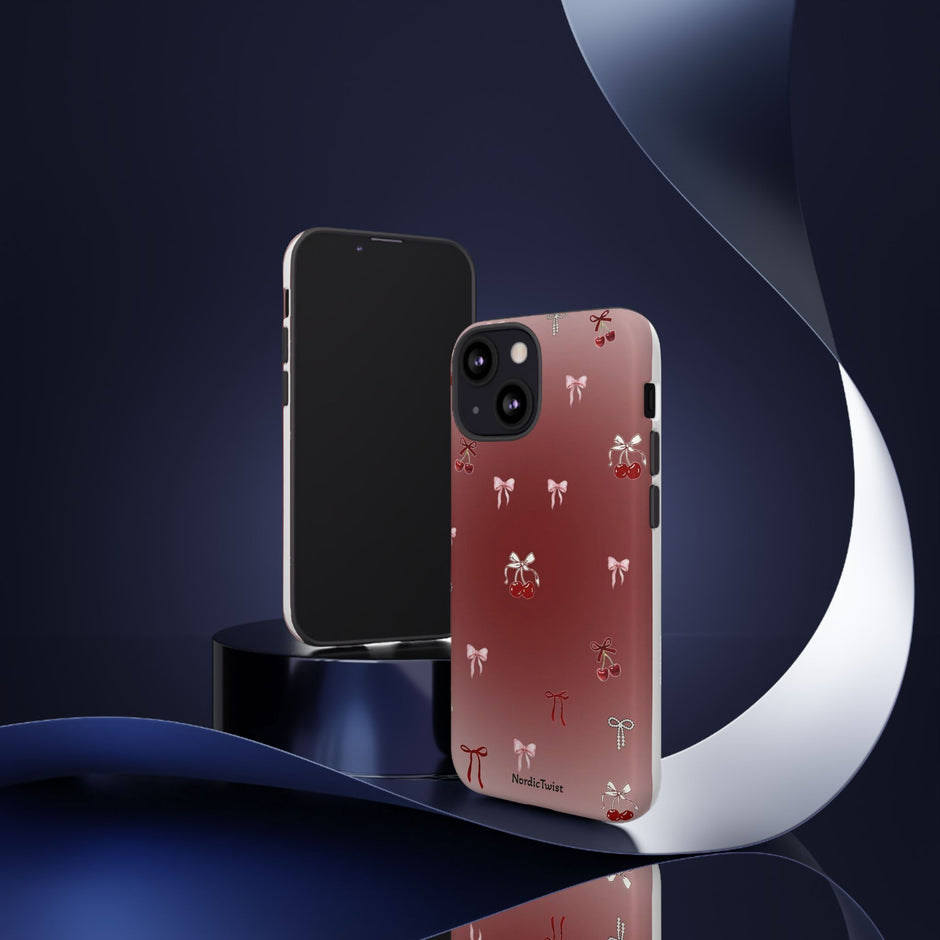 Cherry Bow Phone Case — Cute Red Gradient Protective Cover