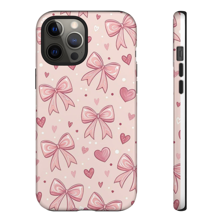 Pink Bow & Hearts Tough Phone Case — Cute Floral Ribbon iPhone Cover