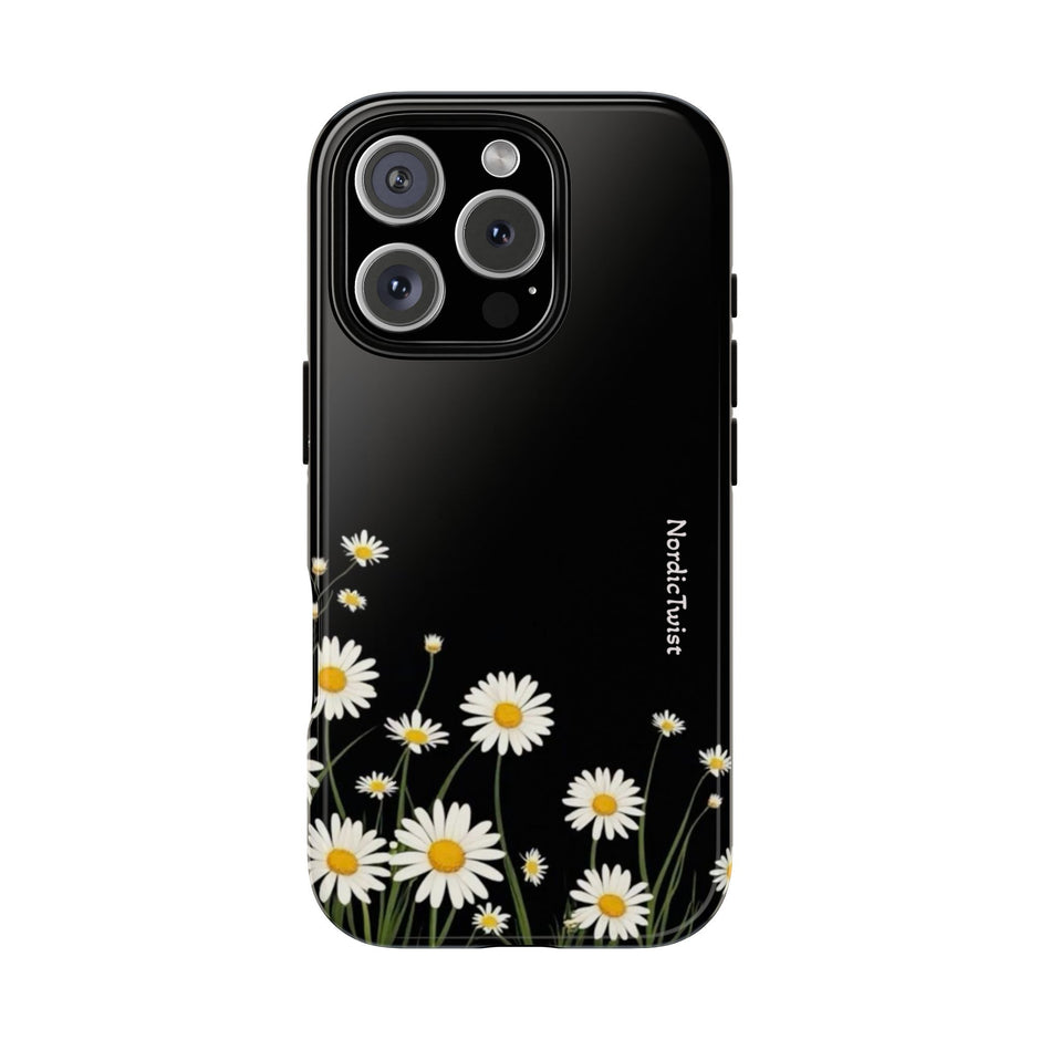 Daisy Floral Tough Phone Case – Protective Black Phone Cover with White Daisies