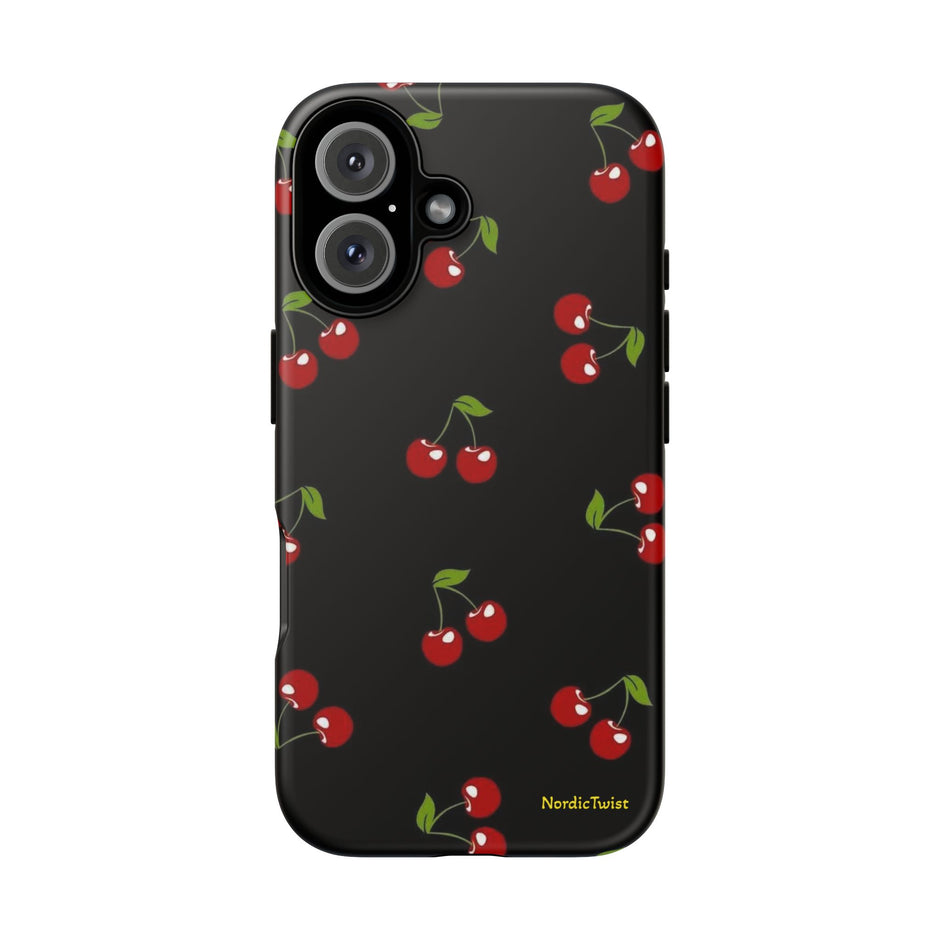 Cherry Pattern Tough Phone Case — Black Retro Cherry iPhone Cover