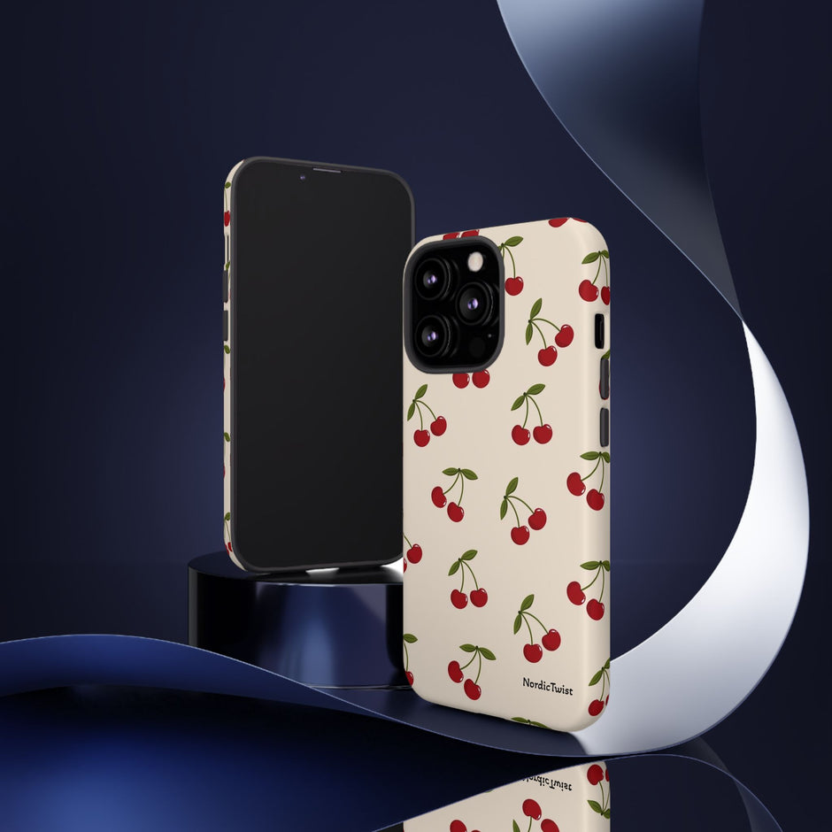 Cherry Pattern Tough Phone Case — Retro Red Cherries on Cream