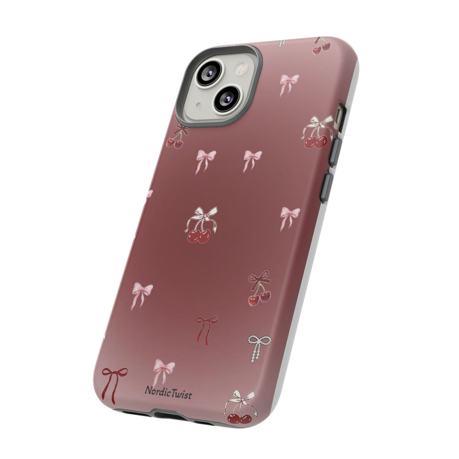 Cherry Bow Phone Case — Cute Red Gradient Protective Cover
