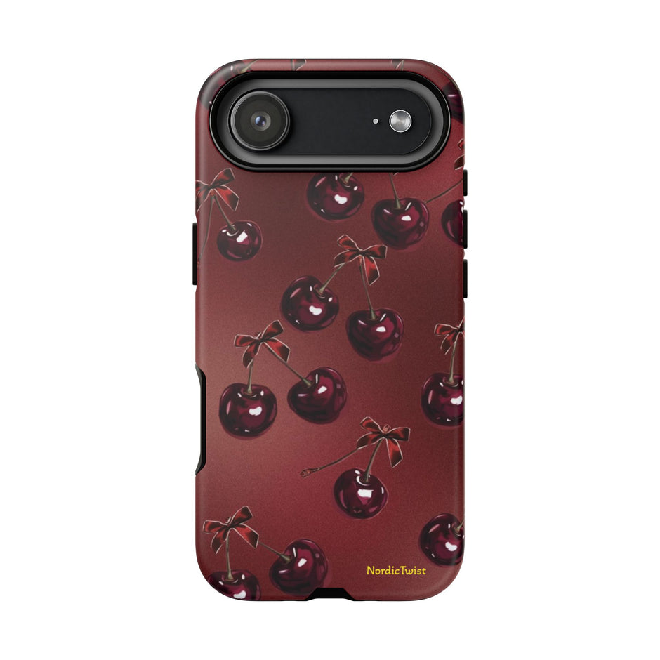 Cherry Pattern Tough Phone Case — Retro Dark Red Cherry iPhone Cover