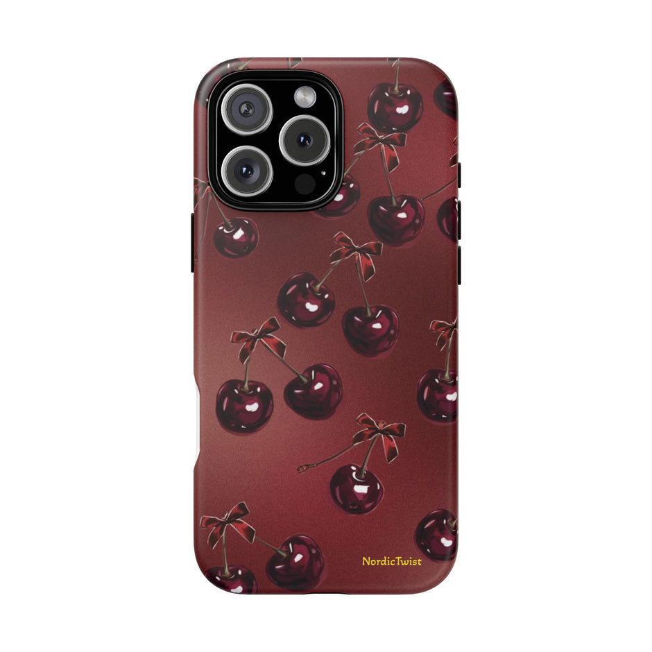 Cherry Pattern Tough Phone Case — Retro Dark Red Cherry iPhone Cover