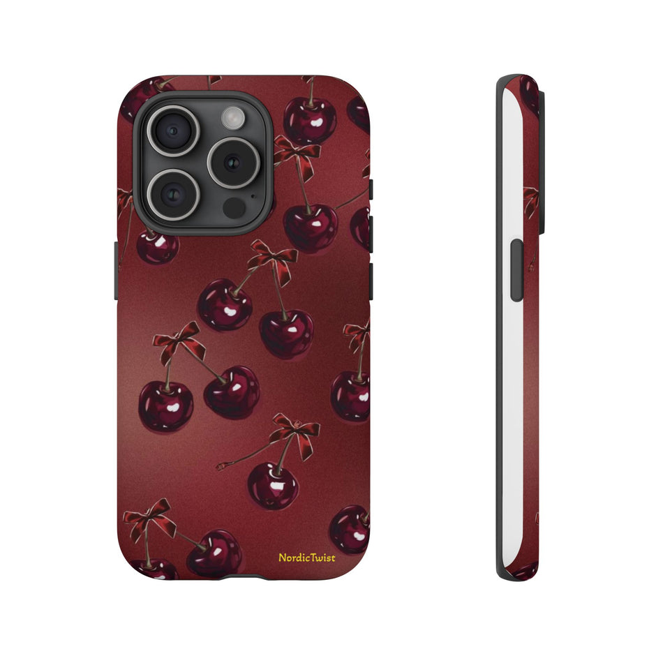 Cherry Pattern Tough Phone Case — Retro Dark Red Cherry iPhone Cover