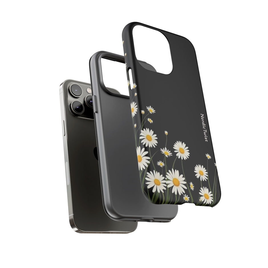 Daisy Floral Tough Phone Case – Protective Black Phone Cover with White Daisies
