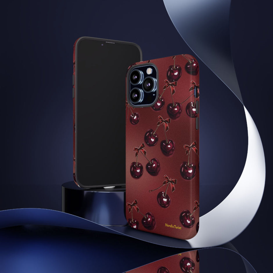 Cherry Pattern Tough Phone Case — Retro Dark Red Cherry iPhone Cover