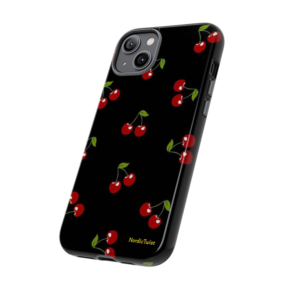 Cherry Pattern Tough Phone Case — Black Retro Cherry iPhone Cover