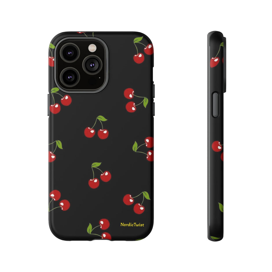 Cherry Pattern Tough Phone Case — Black Retro Cherry iPhone Cover