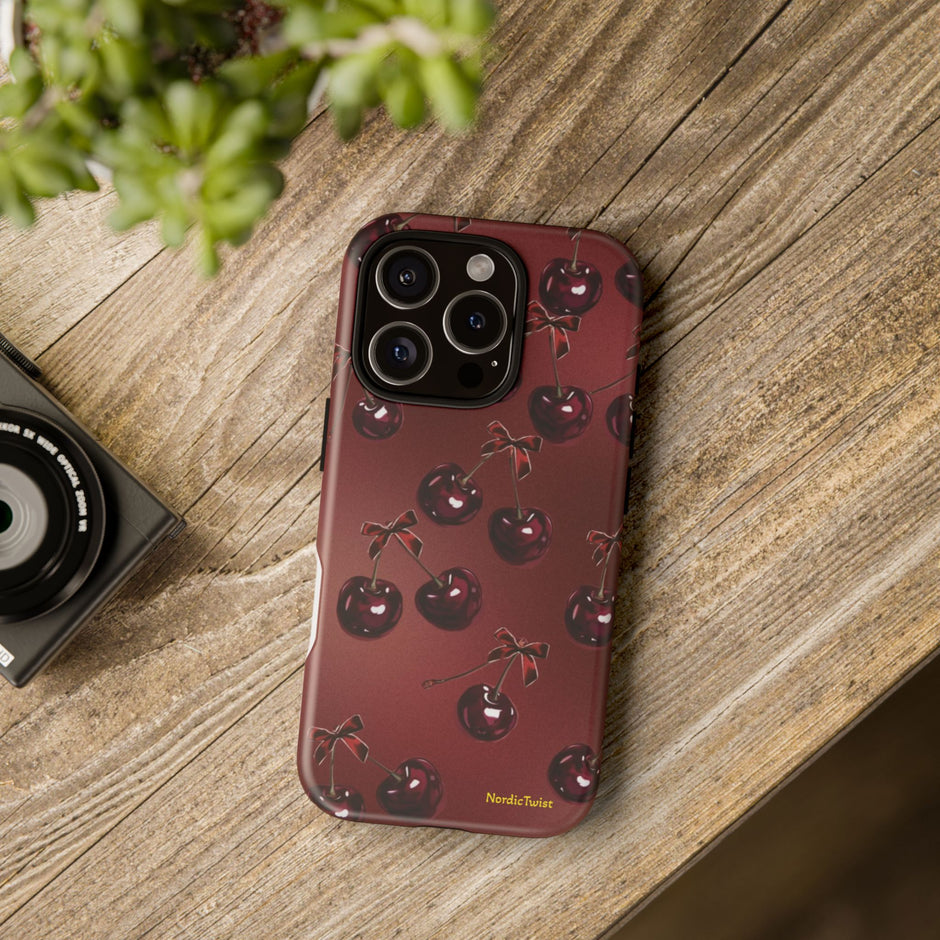 Cherry Pattern Tough Phone Case — Retro Dark Red Cherry iPhone Cover