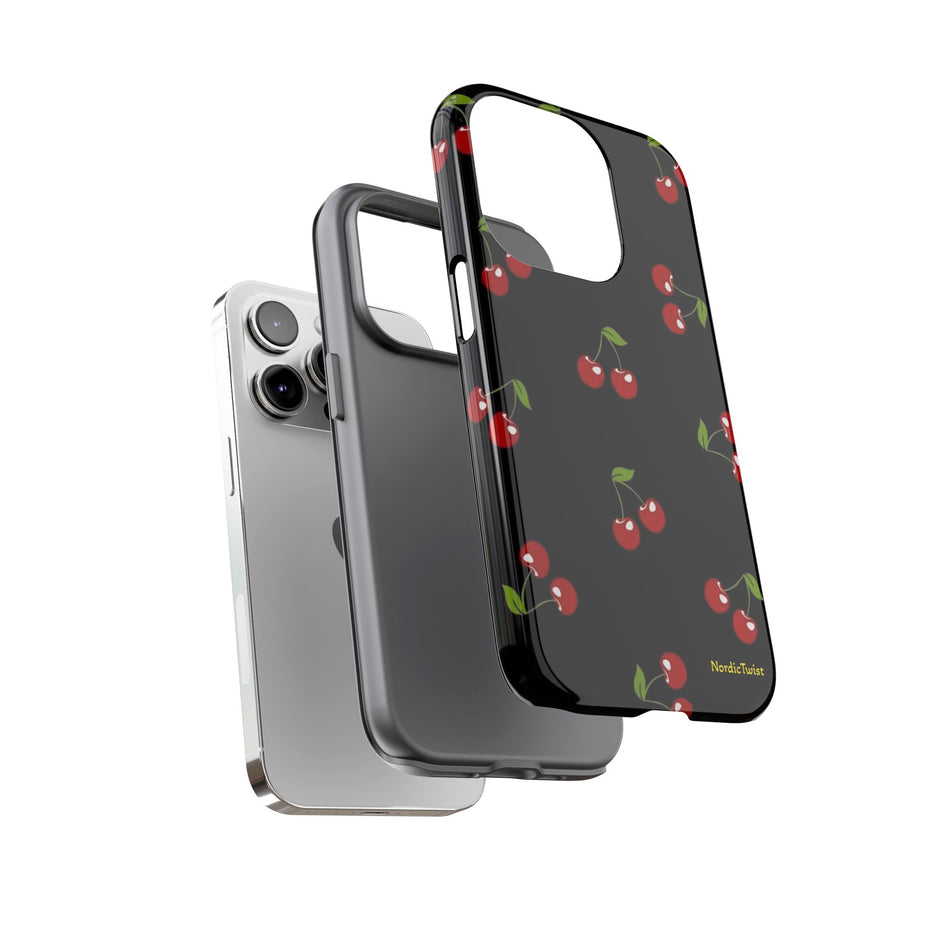 Cherry Pattern Tough Phone Case — Black Retro Cherry iPhone Cover