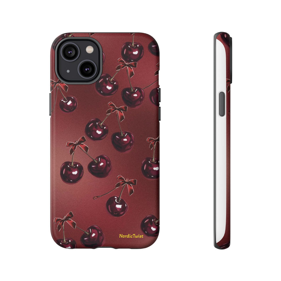 Cherry Pattern Tough Phone Case — Retro Dark Red Cherry iPhone Cover