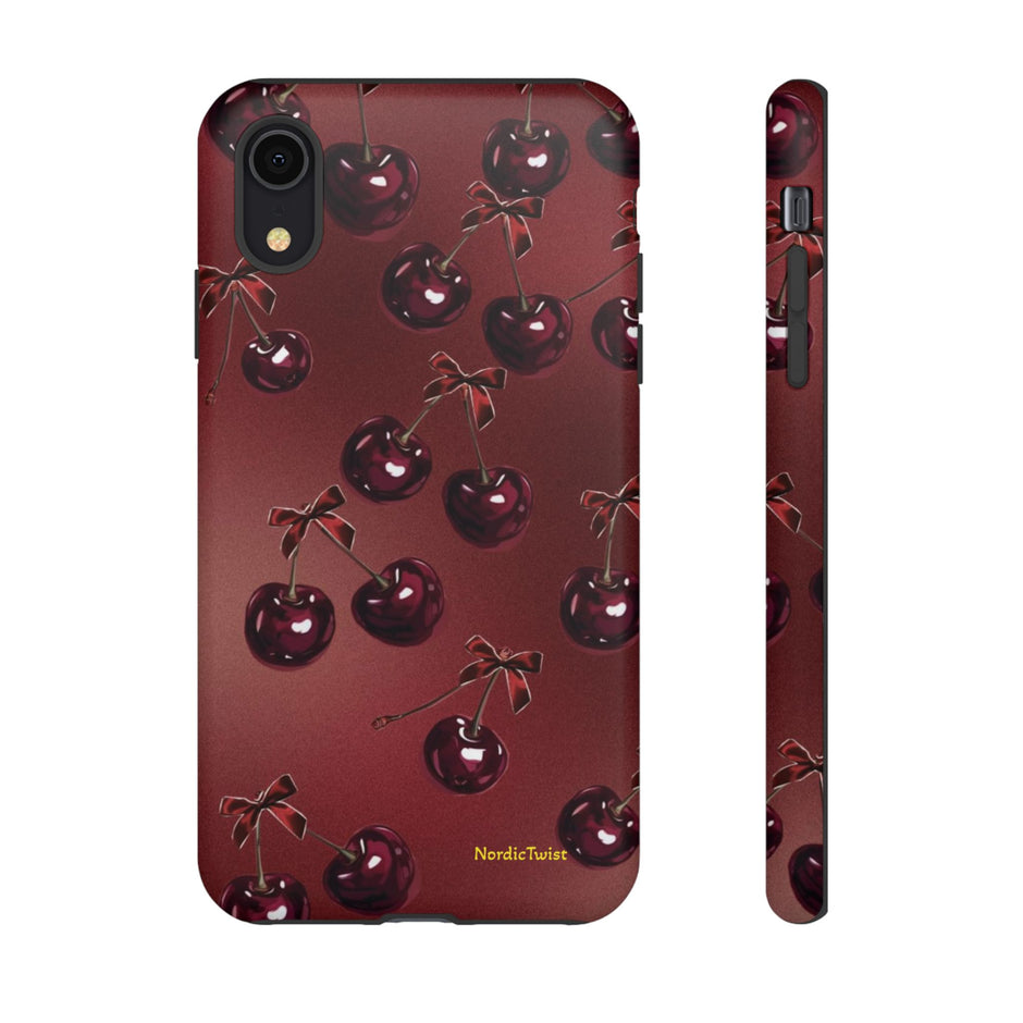 Cherry Pattern Tough Phone Case — Retro Dark Red Cherry iPhone Cover