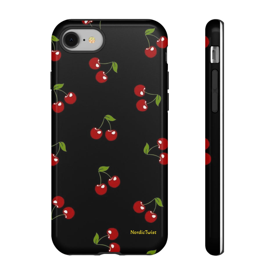 Cherry Pattern Tough Phone Case — Black Retro Cherry iPhone Cover