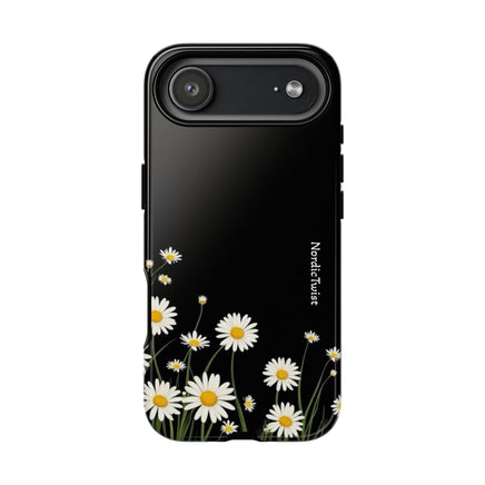 Daisy Floral Tough Phone Case – Protective Black Phone Cover with White Daisies