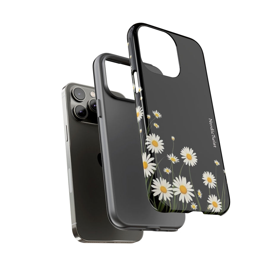 Daisy Floral Tough Phone Case – Protective Black Phone Cover with White Daisies