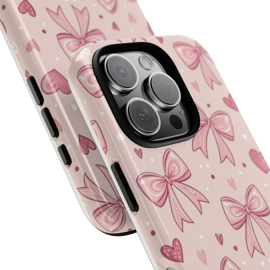Pink Bow & Hearts Tough Phone Case — Cute Floral Ribbon iPhone Cover