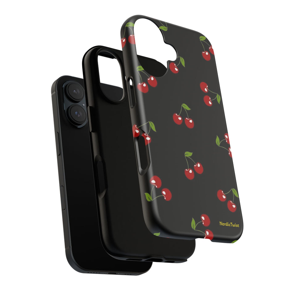 Cherry Pattern Tough Phone Case — Black Retro Cherry iPhone Cover