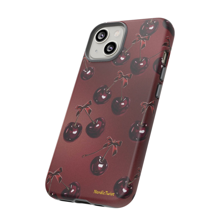 Cherry Pattern Tough Phone Case — Retro Dark Red Cherry iPhone Cover