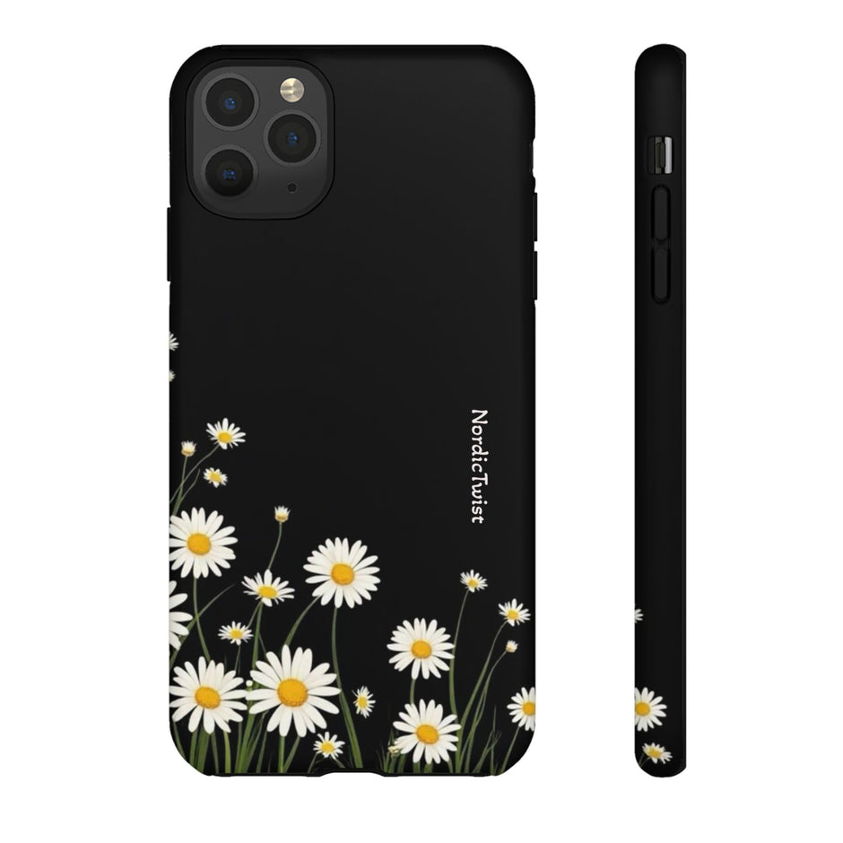 Daisy Floral Tough Phone Case – Protective Black Phone Cover with White Daisies