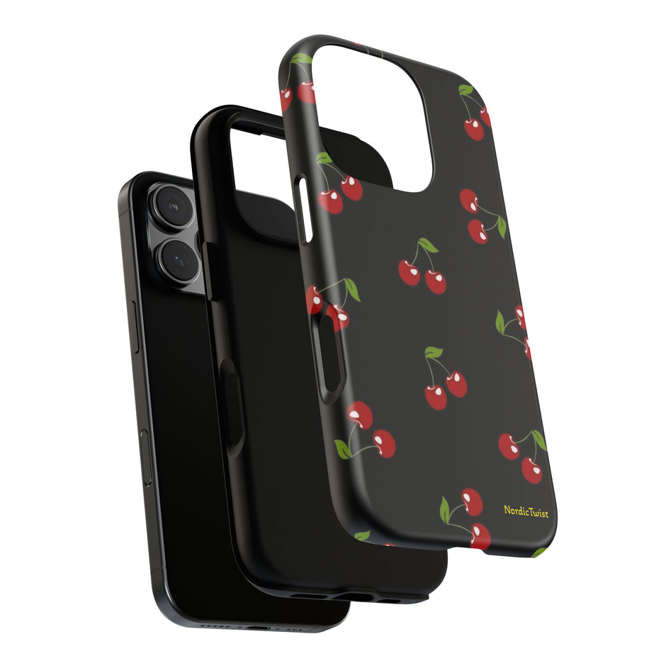 Cherry Pattern Tough Phone Case — Black Retro Cherry iPhone Cover