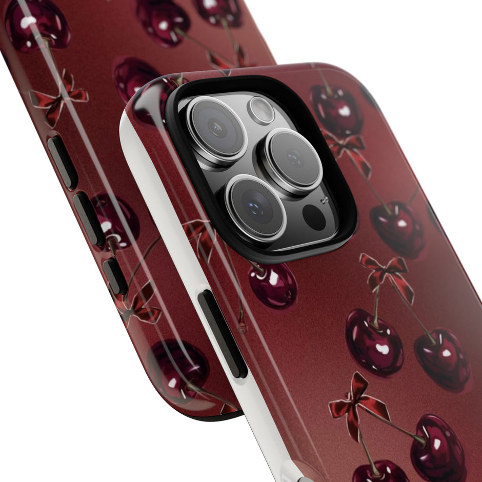 Cherry Pattern Tough Phone Case — Retro Dark Red Cherry iPhone Cover