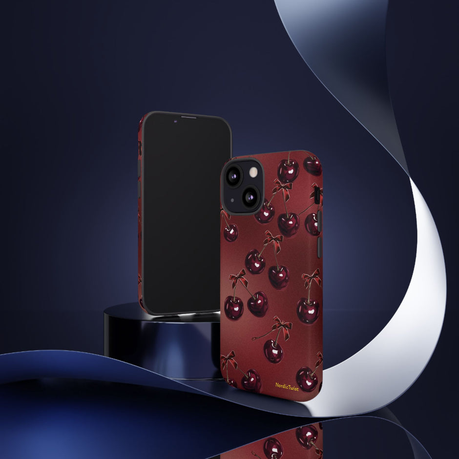 Cherry Pattern Tough Phone Case — Retro Dark Red Cherry iPhone Cover