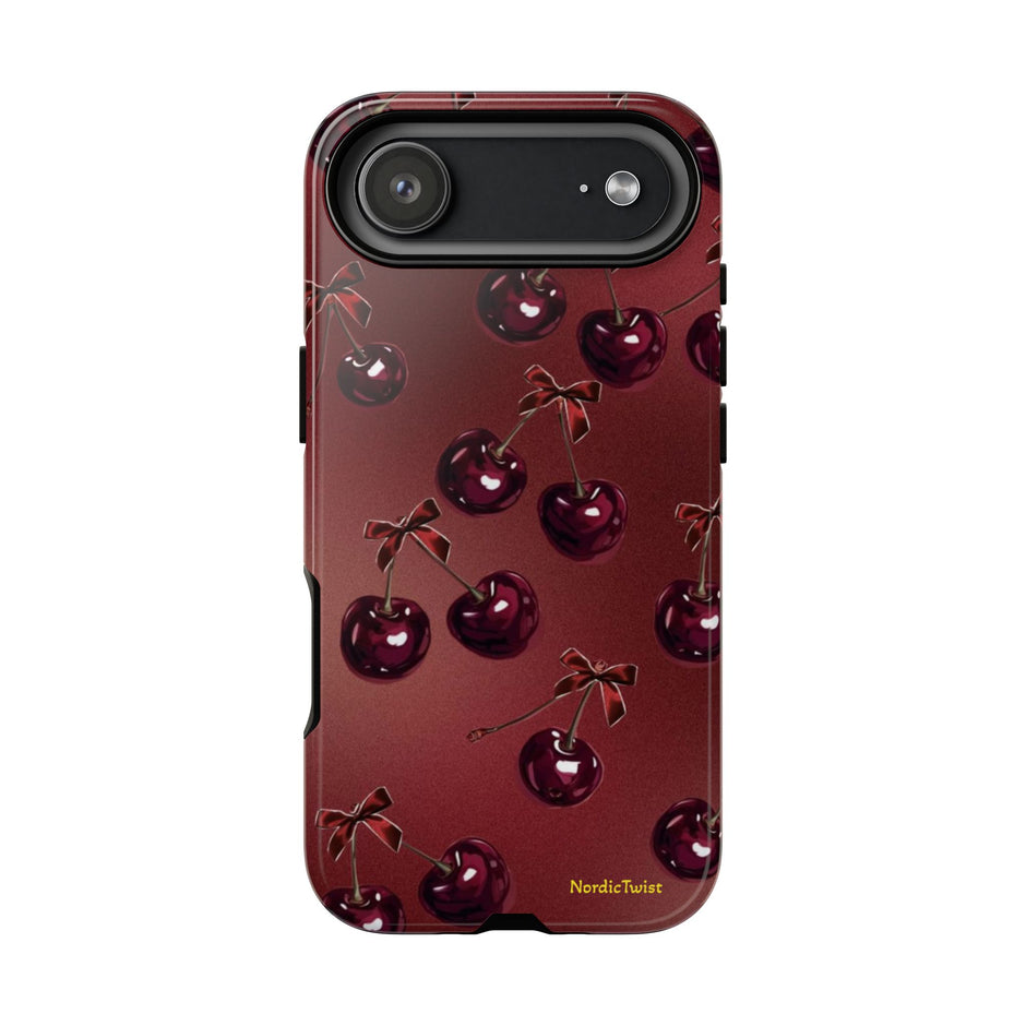 Cherry Pattern Tough Phone Case — Retro Dark Red Cherry iPhone Cover