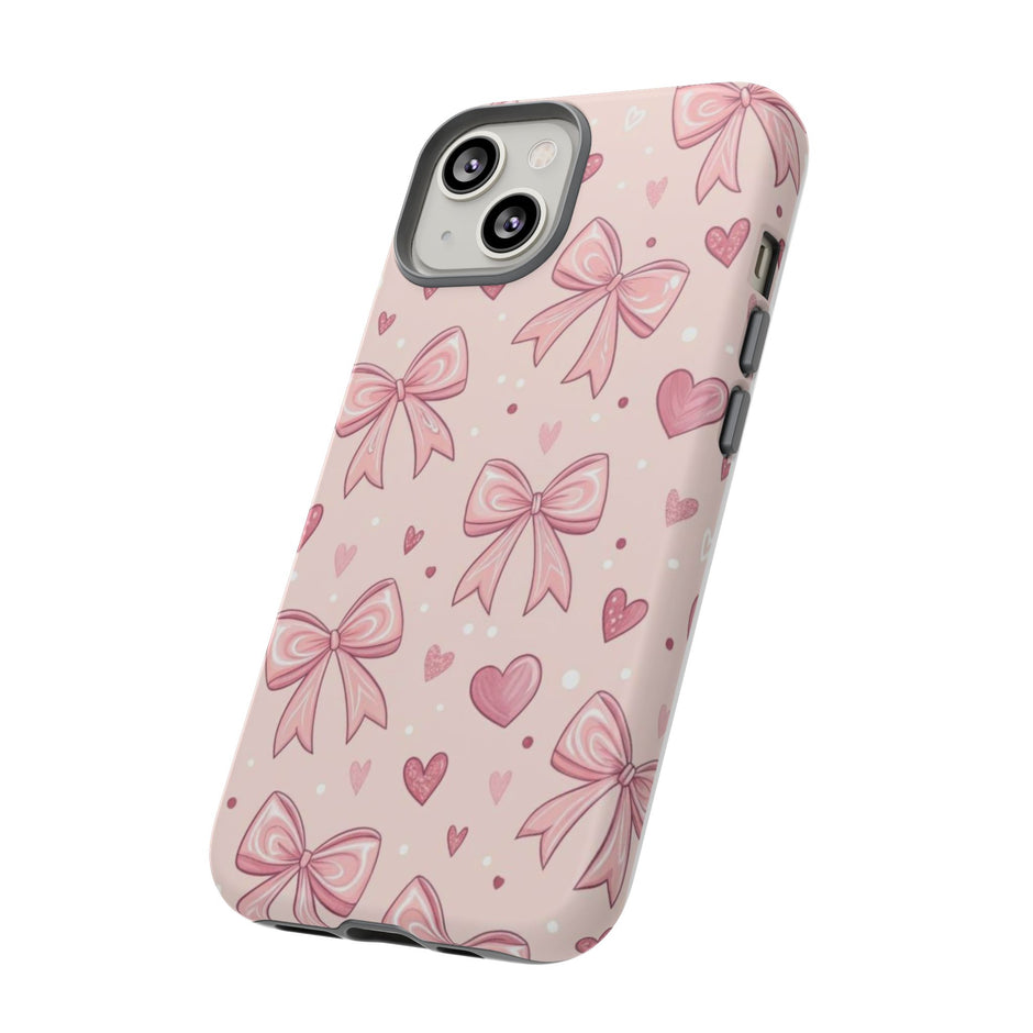 Pink Bow & Hearts Tough Phone Case — Cute Floral Ribbon iPhone Cover