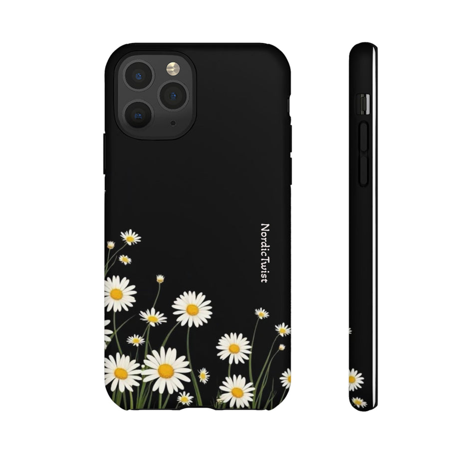 Daisy Floral Tough Phone Case – Protective Black Phone Cover with White Daisies