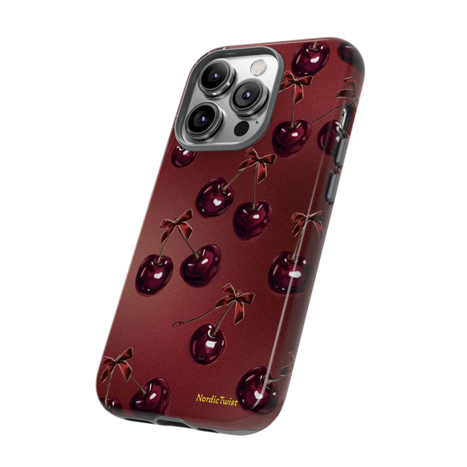 Cherry Pattern Tough Phone Case — Retro Dark Red Cherry iPhone Cover