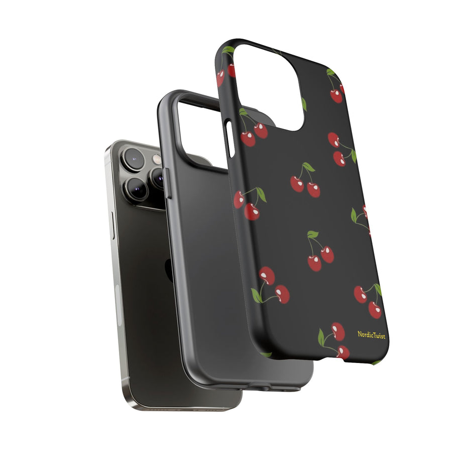 Cherry Pattern Tough Phone Case — Black Retro Cherry iPhone Cover