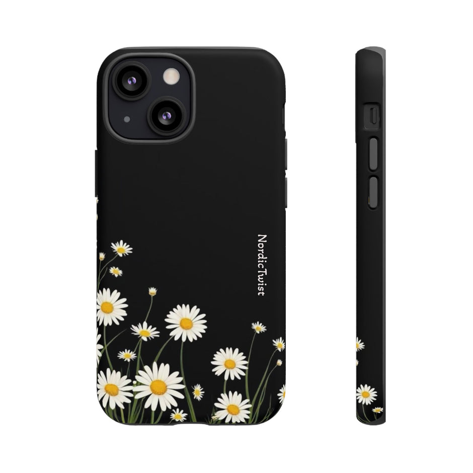Daisy Floral Tough Phone Case – Protective Black Phone Cover with White Daisies