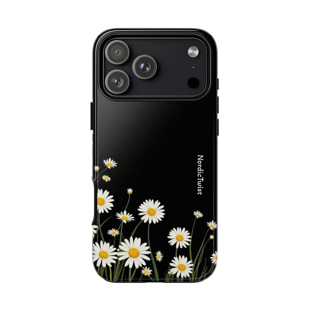 Daisy Floral Tough Phone Case – Protective Black Phone Cover with White Daisies