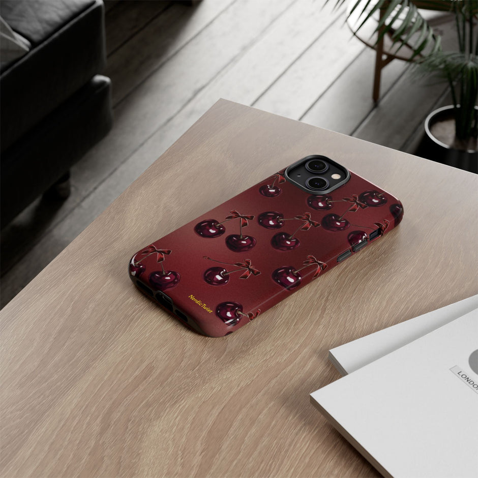 Cherry Pattern Tough Phone Case — Retro Dark Red Cherry iPhone Cover