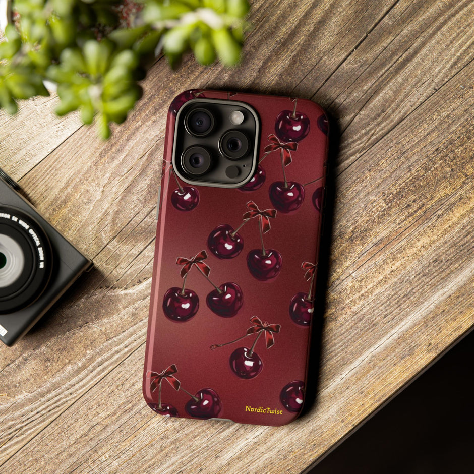 Cherry Pattern Tough Phone Case — Retro Dark Red Cherry iPhone Cover