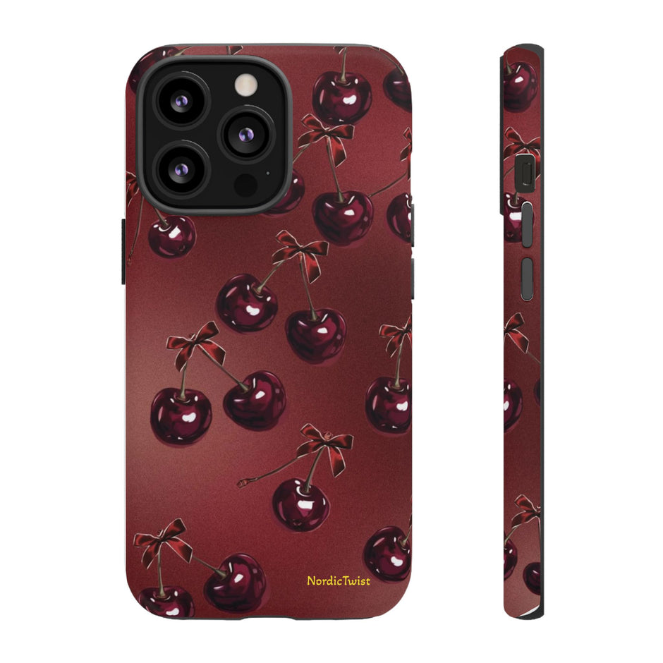 Cherry Pattern Tough Phone Case — Retro Dark Red Cherry iPhone Cover