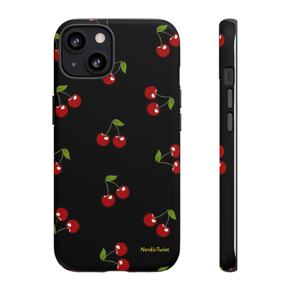 Cherry Pattern Tough Phone Case — Black Retro Cherry iPhone Cover
