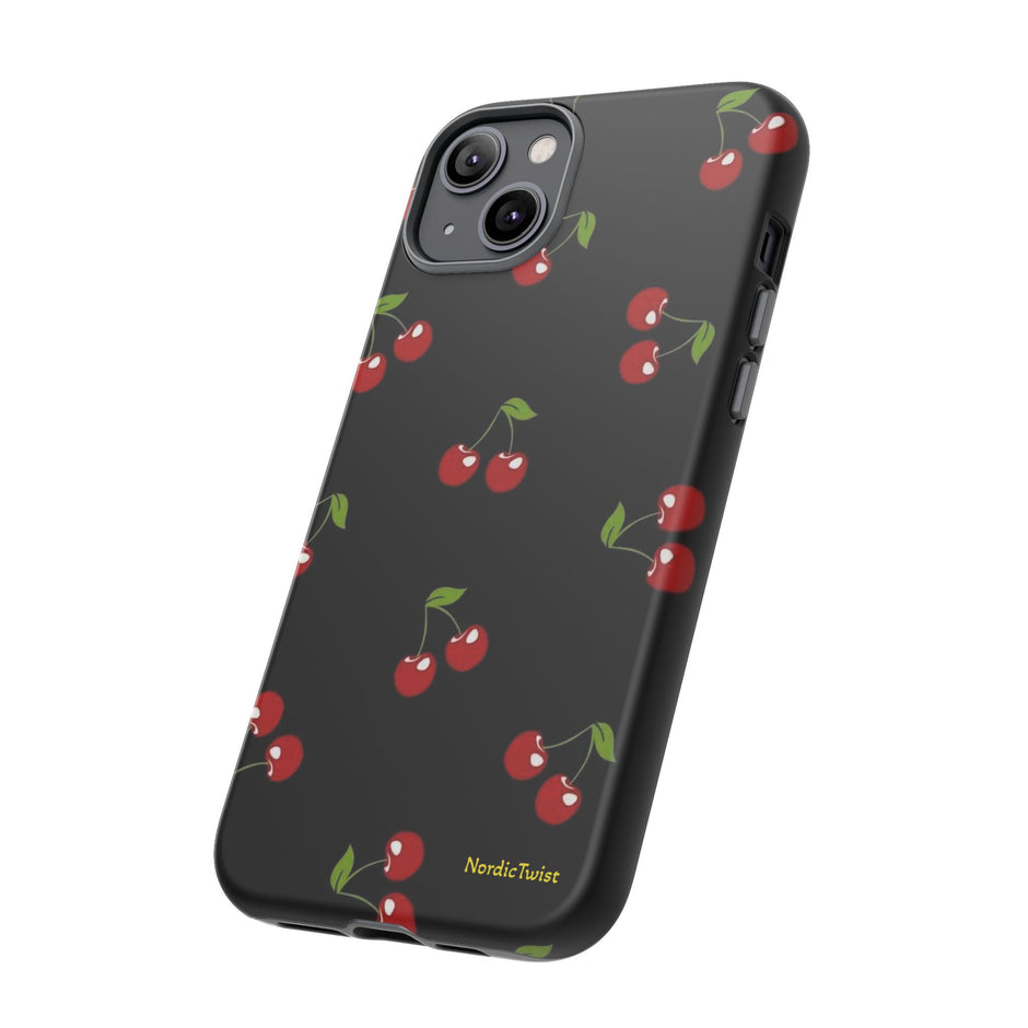 Cherry Pattern Tough Phone Case — Black Retro Cherry iPhone Cover